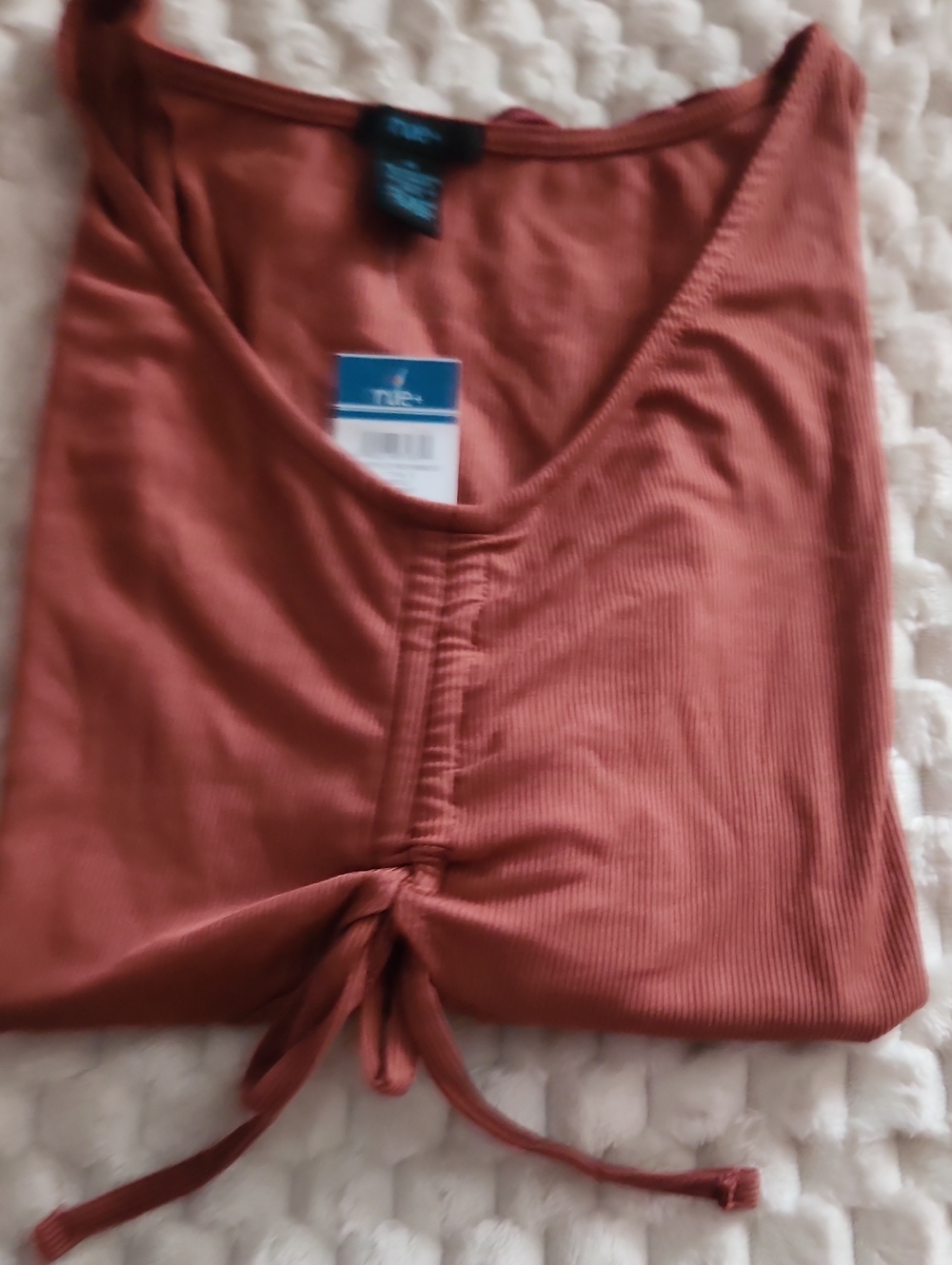 Ribbed Drawstring V-Neck Women’s Top - Rust - Picture 2 of 2